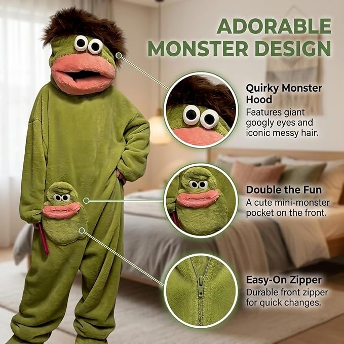 Cozy Monster Onesie Black plush hooded loungewear